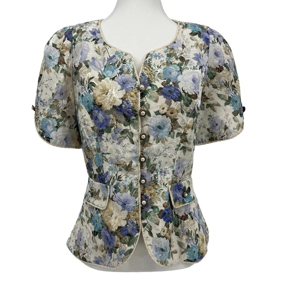 Leslie Fay Tops - Vintage 80s Leslie Fay Floral Short Sleeve Blazer Top Pearl Buttons 8 Petite